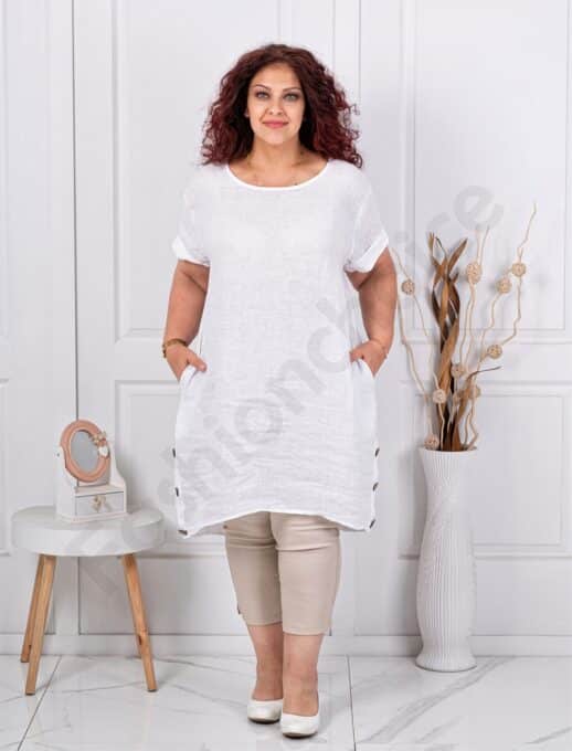 Tunica lunga maxi din 100% in cu nasturi decorativi din lemn-alb cod 10015-1