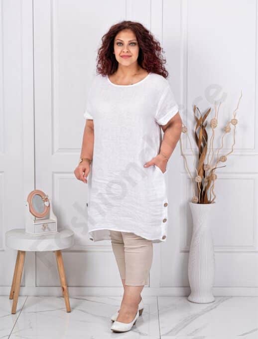 Tunica lunga maxi din 100% in cu nasturi decorativi din lemn-alb cod 10015-1