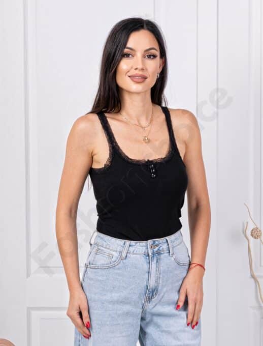 Top de dama din material elastic cu dantela pe decolteu-negru cod 5030