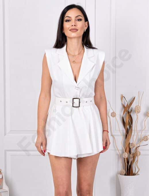 Salopeta scurta de dama tip rochie cu guler si curea-alb cod 3749-3