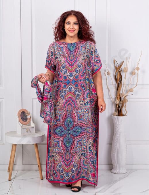 Pareo maxi pentru vara din material satinat cu motive multicolor-fucsia cod CP11-1