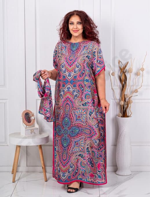 Pareo maxi pentru vara din material satinat cu motive multicolor-fucsia cod CP11-1