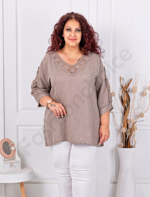 Tunica maxi din 100% in cu decolteu in forma V si dantela brussel-moca cod 11840-2