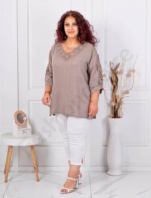 Tunica maxi din 100% in cu decolteu in forma V si dantela brussel-moca cod 11840-2