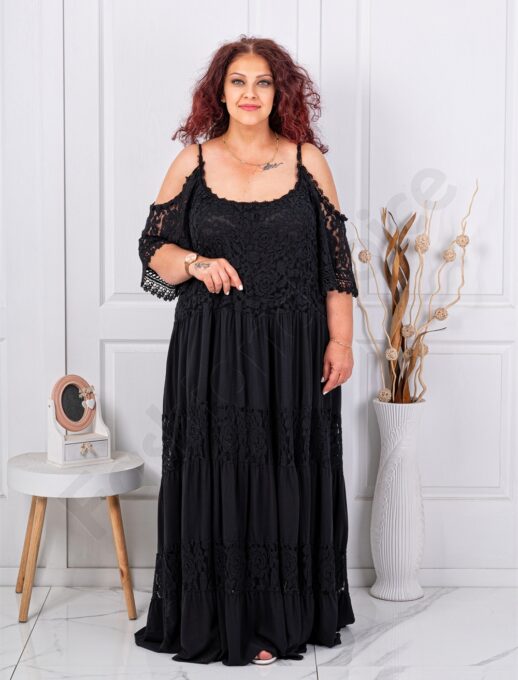 Rochie maxi pentru vara din dantela si umeri decupati-negru cod 1015