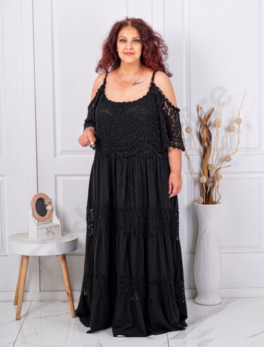 Rochie maxi pentru vara din dantela si umeri decupati-negru cod 1015