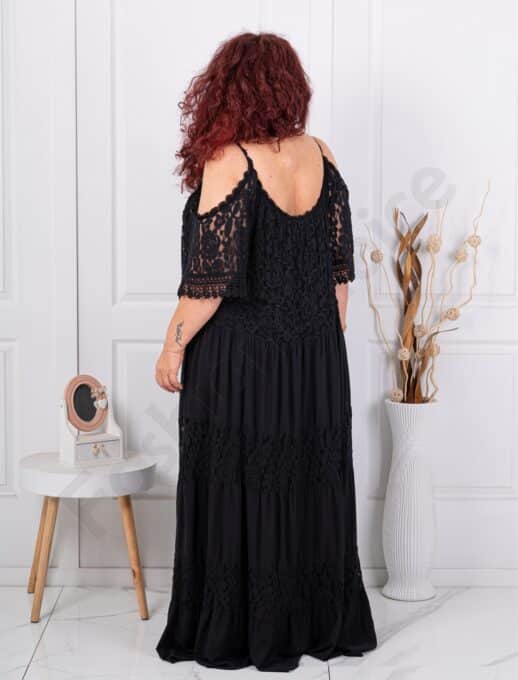 Rochie maxi pentru vara din dantela si umeri decupati-negru cod 1015