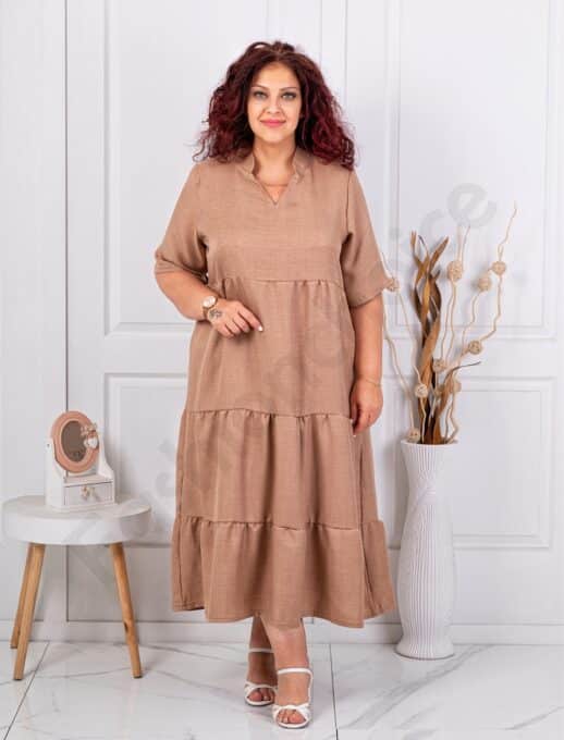 Rochie maxi pentru vara cu volane si guler inalt-moca cod 1491-3