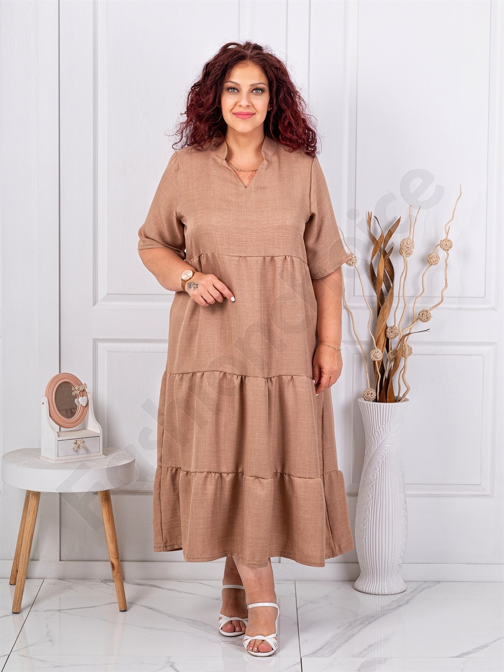 Rochie maxi pentru vara cu volane si guler inalt-moca cod 1491-3