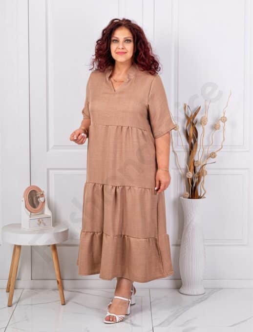 Rochie maxi pentru vara cu volane si guler inalt-moca cod 1491-3