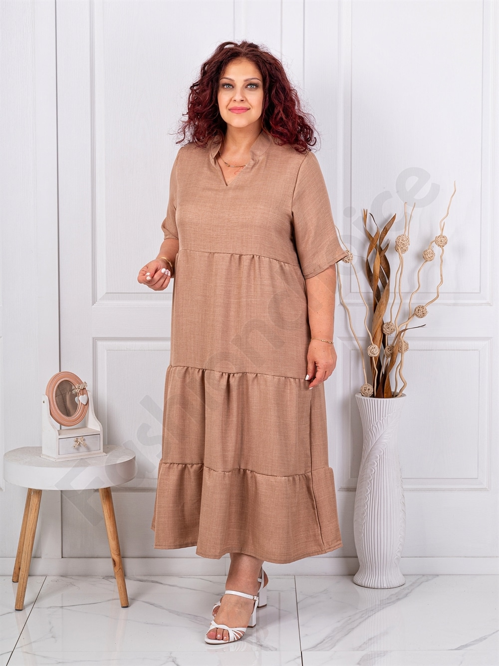 Rochie maxi pentru vara cu volane si guler inalt-moca cod 1491-3