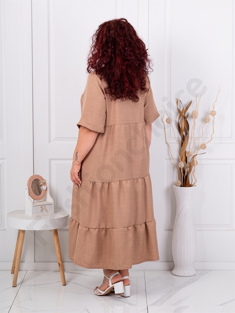 Rochie maxi pentru vara cu volane si guler inalt-moca cod 1491-3