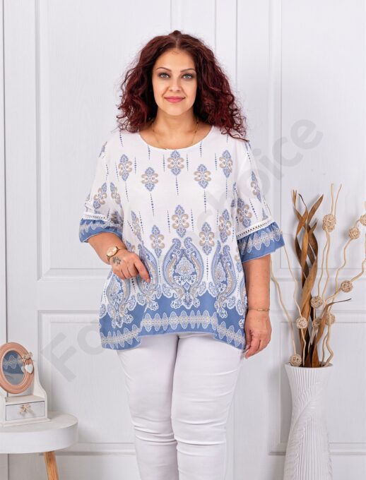 Tunica maxi cu ornamente si maneca clopot cu ajur-albastru deschis cod 3791-4