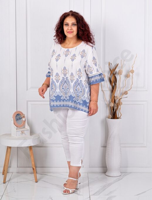 Tunica maxi cu ornamente si maneca clopot cu ajur-albastru deschis cod 3791-4