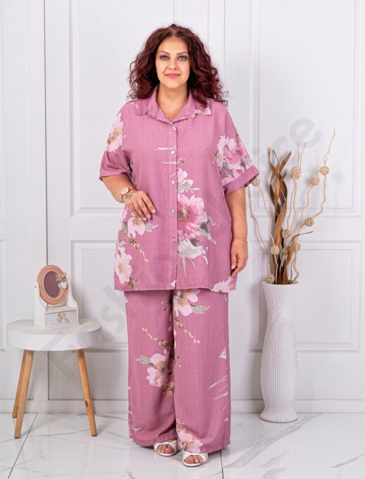 Set maxi elegant cu camasa si pantalon cu imprimeu floral-roz cenusiu cod 24589-2