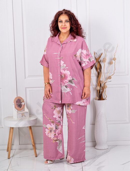 Set maxi elegant cu camasa si pantalon cu imprimeu floral-roz cenusiu cod 24589-2