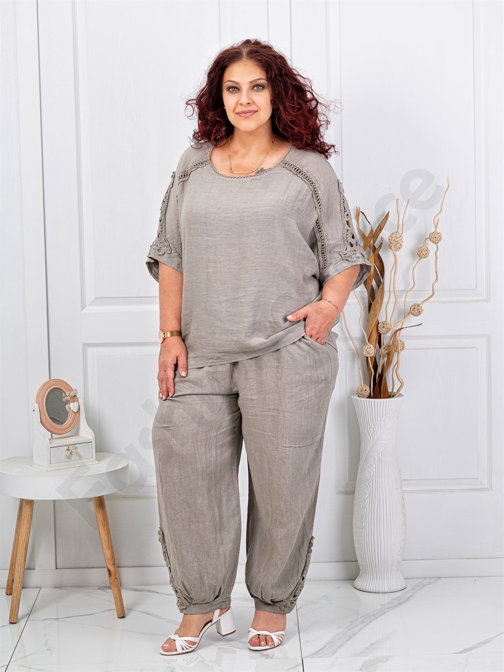 Set maxi elegant din 100% in cu accente din dantela-moca cod 160/236-2