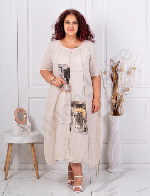 Rochie maxi pentru vara din in cu aplicatie de arta-capucino cod 80050-5