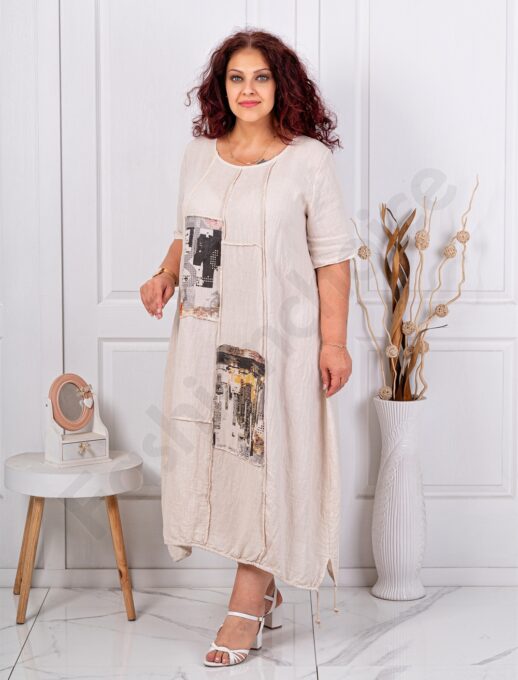 Rochie maxi pentru vara din in cu aplicatie de arta-capucino cod 80050-5