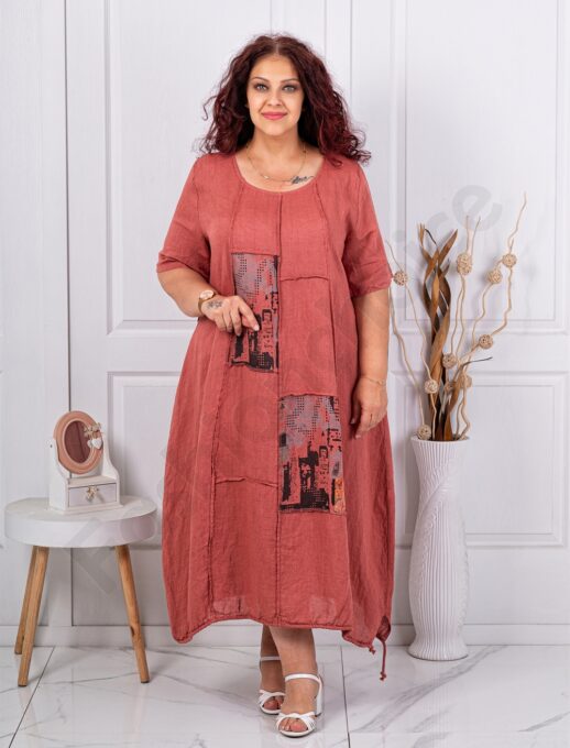 Rochie maxi pentru vara din in cu aplicatie de arta-caramiziu deschis cod 80050-1