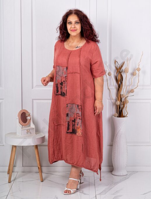 Rochie maxi pentru vara din in cu aplicatie de arta-caramiziu deschis cod 80050-1