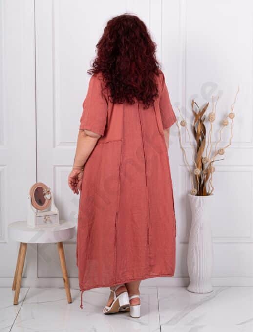 Rochie maxi pentru vara din in cu aplicatie de arta-caramiziu deschis cod 80050-1