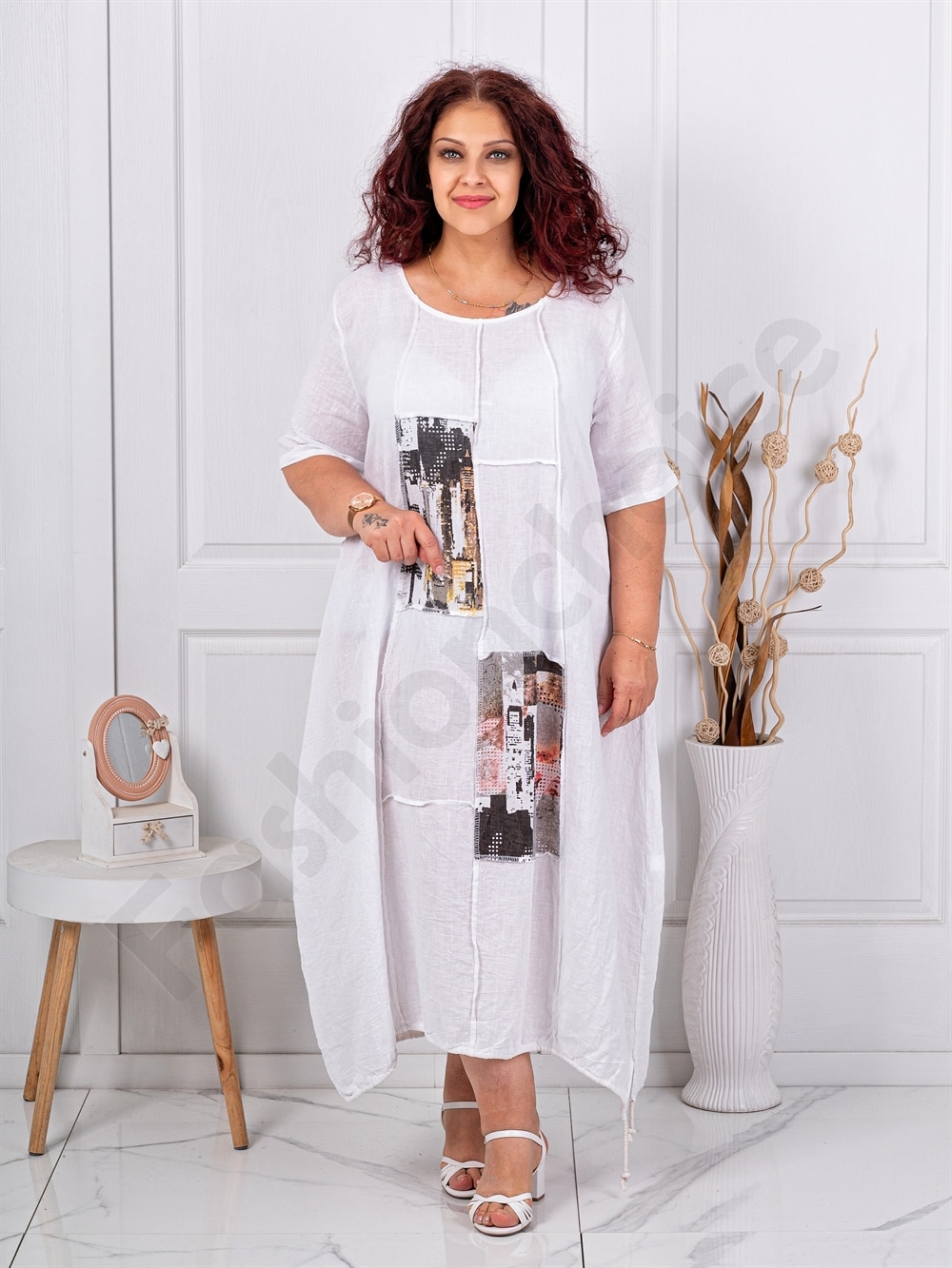 Rochie maxi pentru vara din in cu aplicatie de arta-alb cod 80050-3