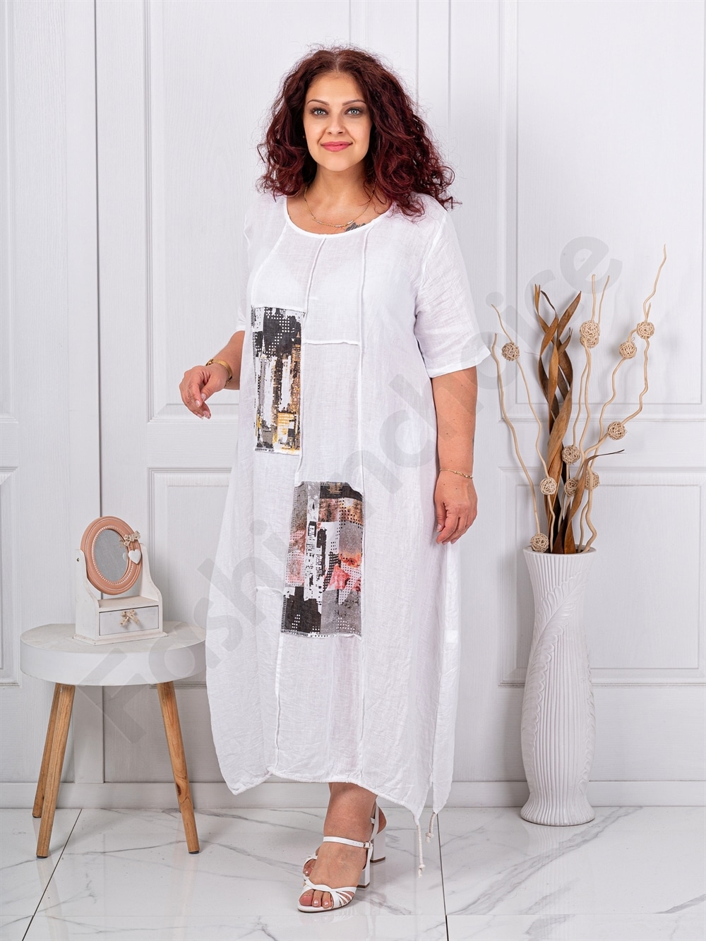 Rochie maxi pentru vara din in cu aplicatie de arta-alb cod 80050-3