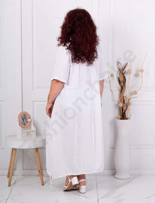 Rochie maxi pentru vara din in cu aplicatie de arta-alb cod 80050-3