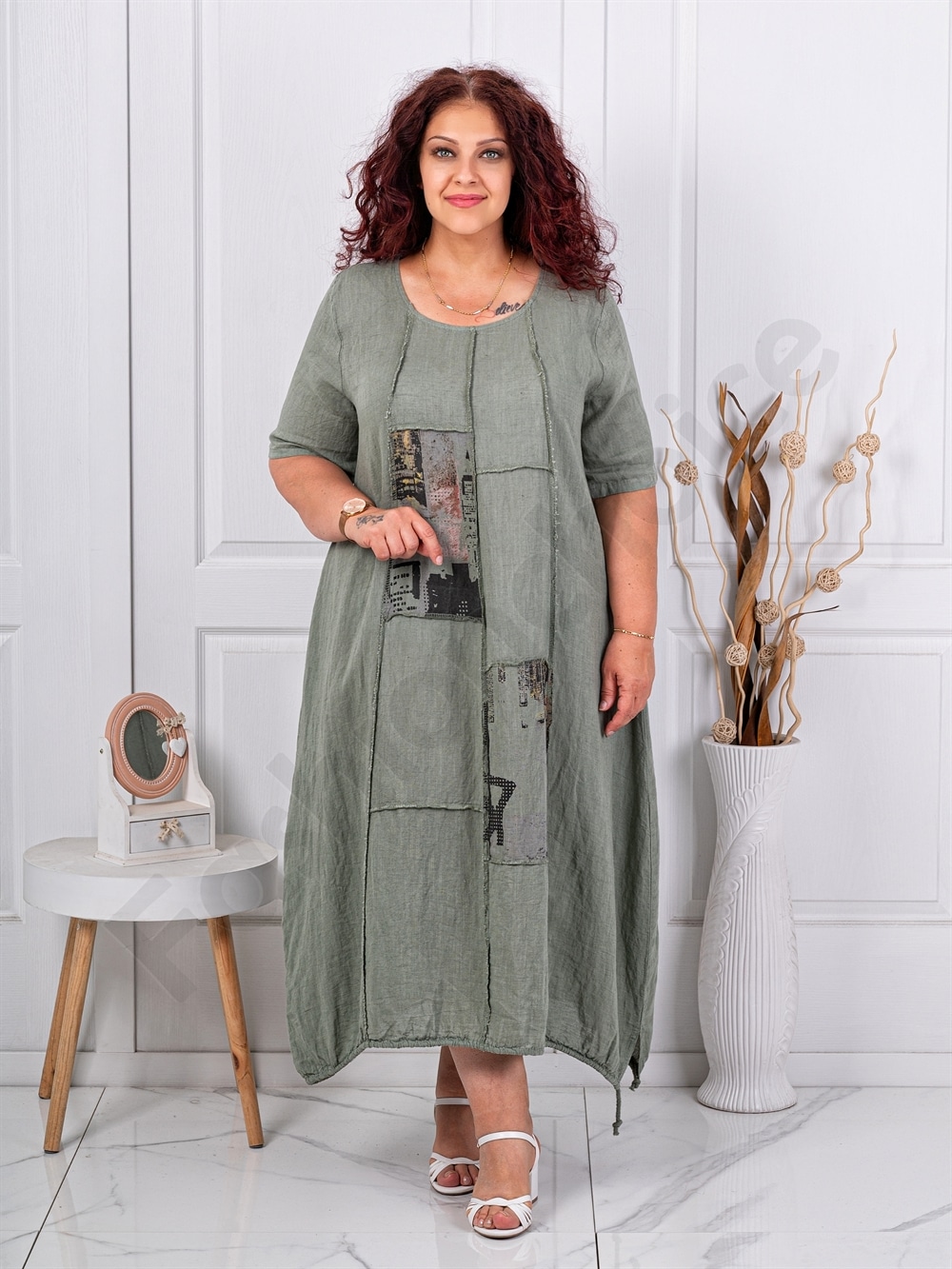 Rochie maxi pentru vara din in cu aplicatie de arta-kaki cod 80050