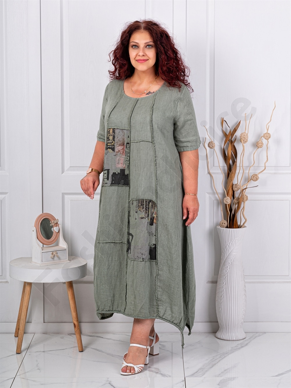Rochie maxi pentru vara din in cu aplicatie de arta-kaki cod 80050