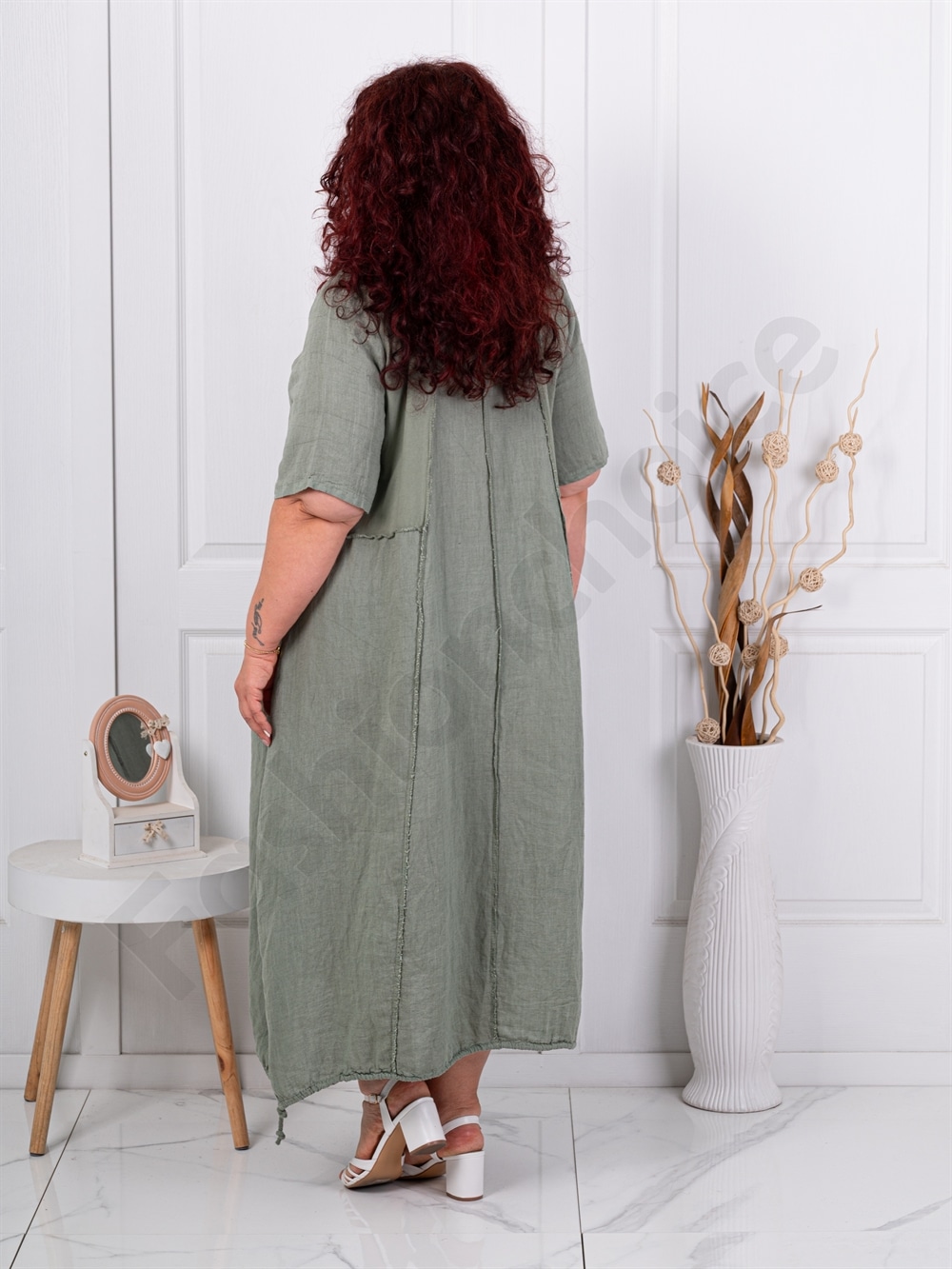 Rochie maxi pentru vara din in cu aplicatie de arta-kaki cod 80050