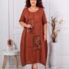 Rochie maxi pentru vara din in cu aplicatie de arta-caramiziu inchis cod 80050-6