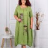 Rochie maxi pentru vara din in cu aplicatie de arta-verde cod 80050-4