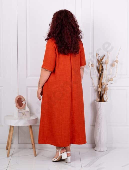 Rochie maxi pentru vara cu decolteu in forma V si nasturi din lemn-caramiziu cod 1449-5