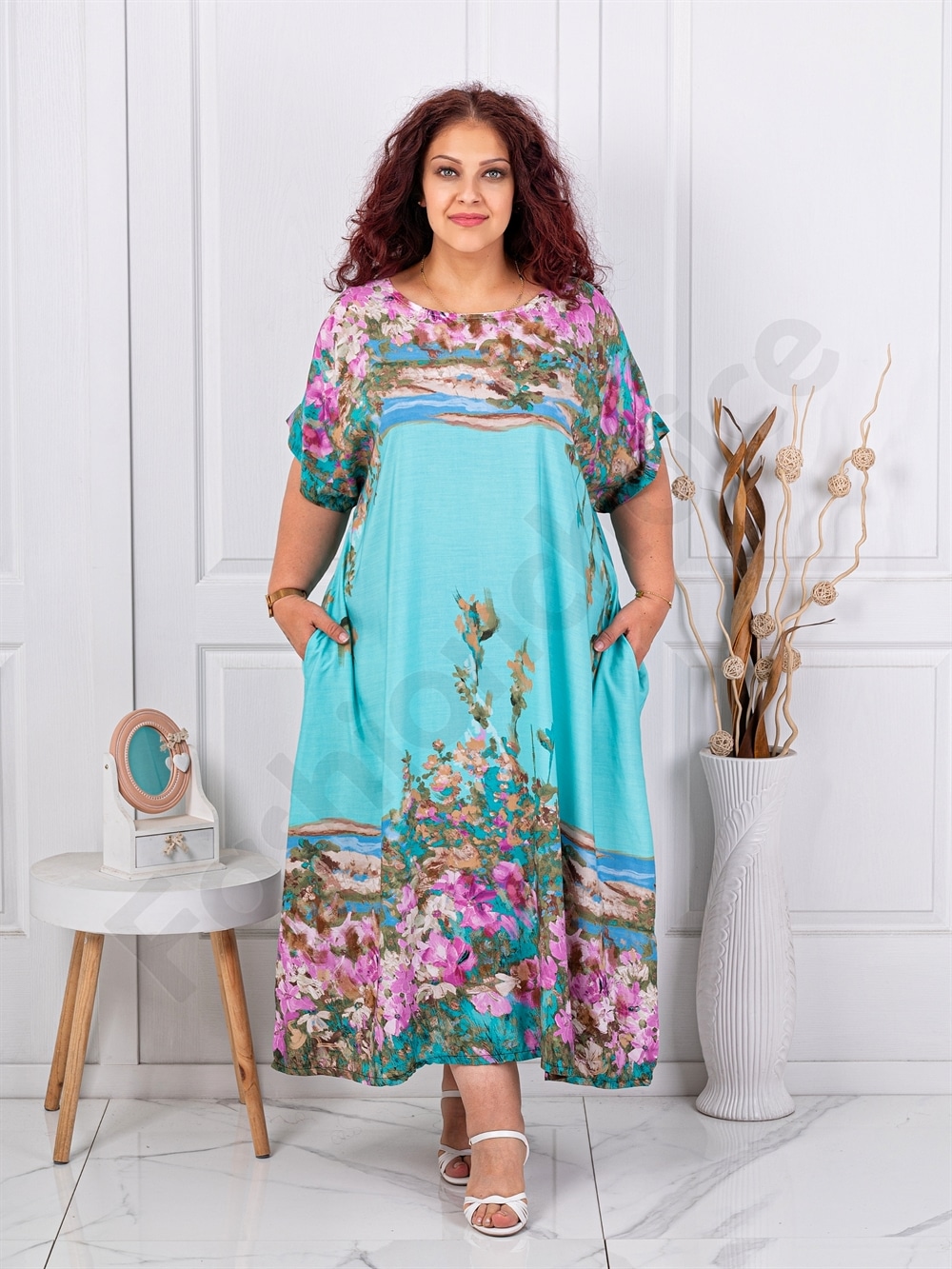 Rochie maxi pentru vara cu imprimeu de arta multicolor-aqua cod 5251-5
