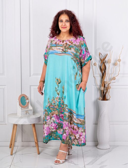 Rochie maxi pentru vara cu imprimeu de arta multicolor-aqua cod 5251-5