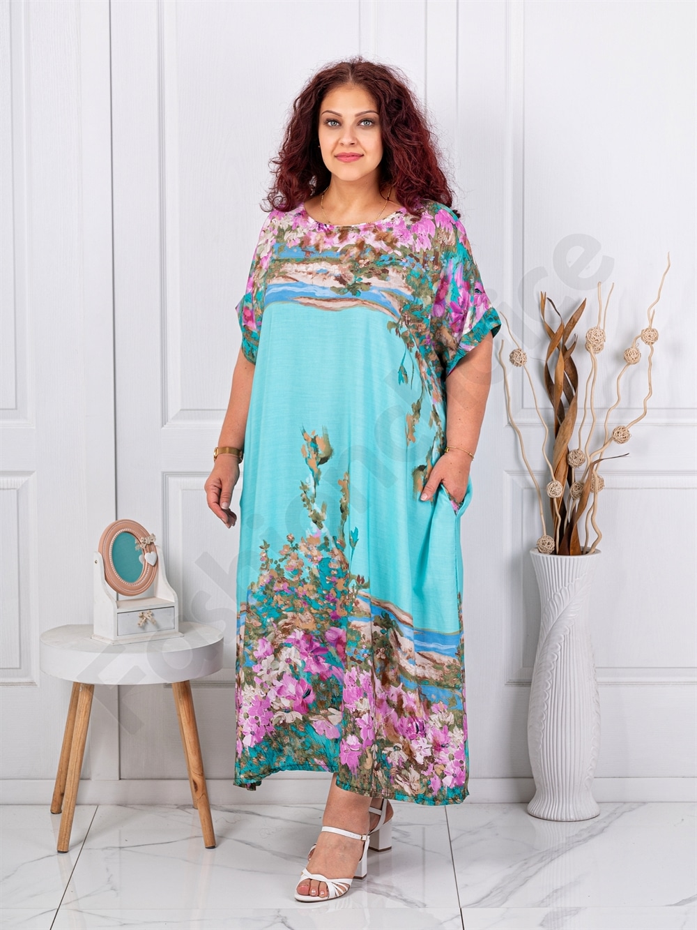 Rochie maxi pentru vara cu imprimeu de arta multicolor-aqua cod 5251-5