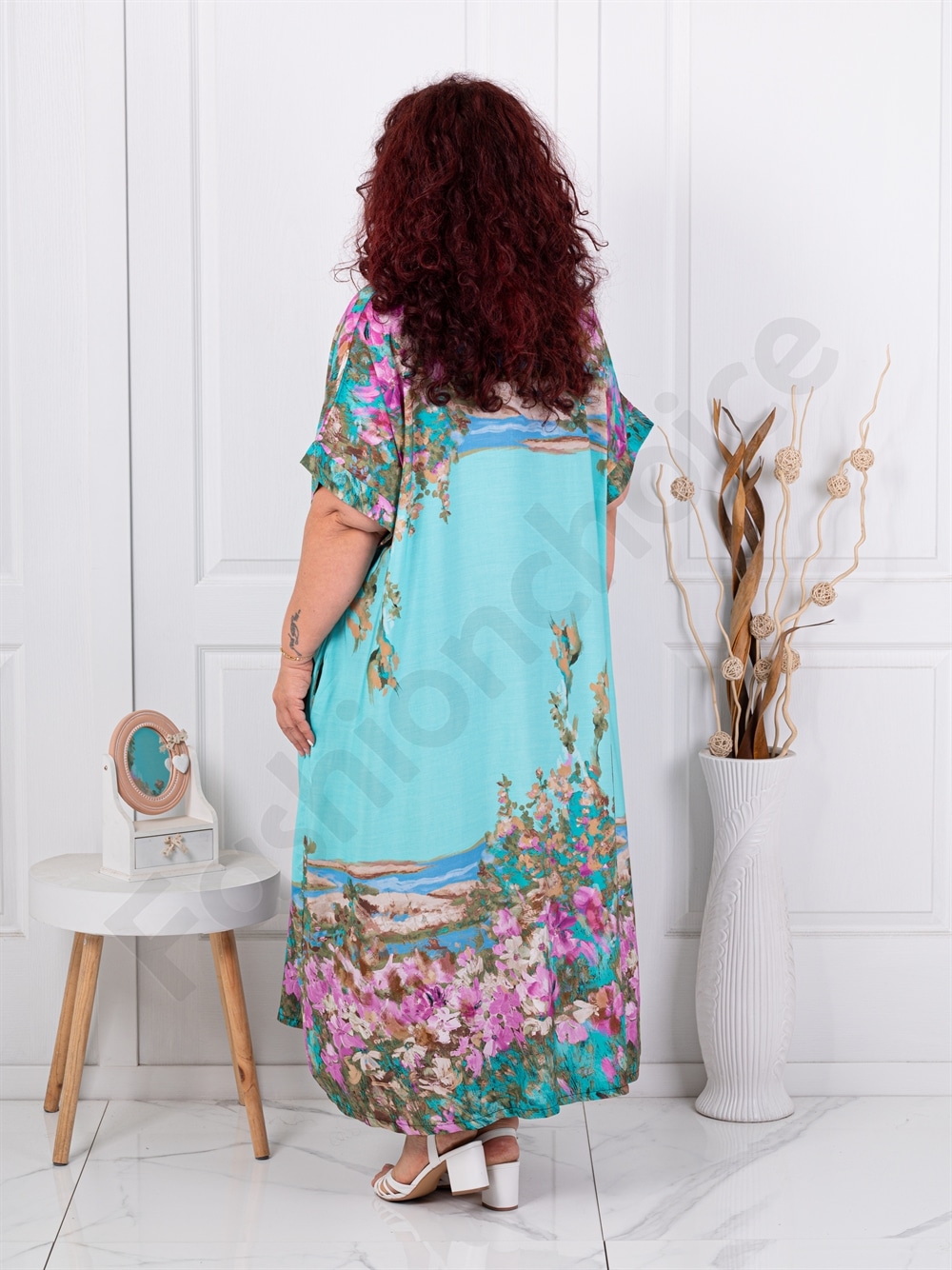 Rochie maxi pentru vara cu imprimeu de arta multicolor-aqua cod 5251-5