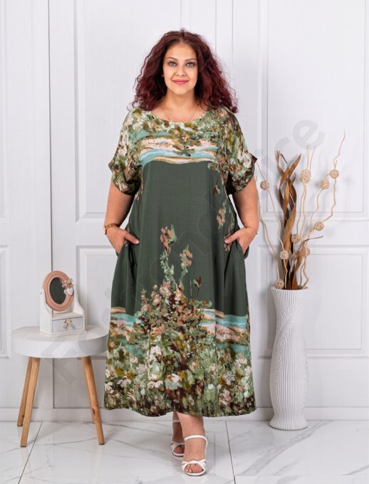 Rochie maxi pentru vara cu imprimeu de arta multicolor-kaki cod 5251