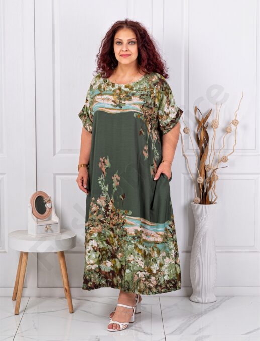 Rochie maxi pentru vara cu imprimeu de arta multicolor-kaki cod 5251