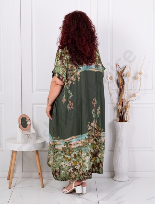Rochie maxi pentru vara cu imprimeu de arta multicolor-kaki cod 5251
