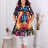 Tunica maxi lunga din in si bumbac cu imprimeu multicolor-albastru inchis cod 51539-2