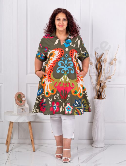 Tunica maxi lunga din in si bumbac cu imprimeu multicolor-kaki cod 51539