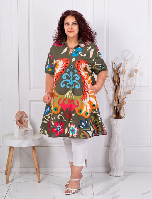 Tunica maxi lunga din in si bumbac cu imprimeu multicolor-kaki cod 51539