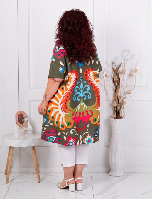Tunica maxi lunga din in si bumbac cu imprimeu multicolor-kaki cod 51539