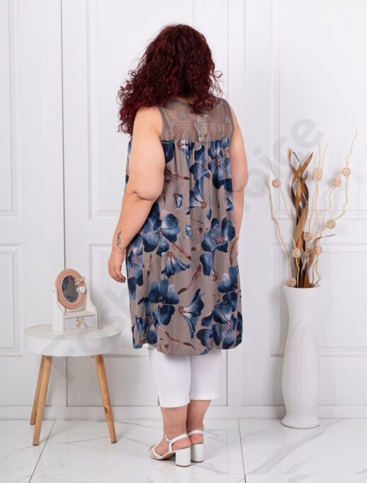 Top lung maxi pentru vara cu imprimeu floral si plasa pe decolteu-moca cod 2588-4