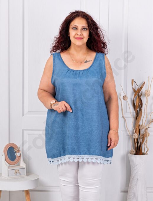 Top maxi pentru vara din denim cu dantela brussel-albastru inchis cod 661926