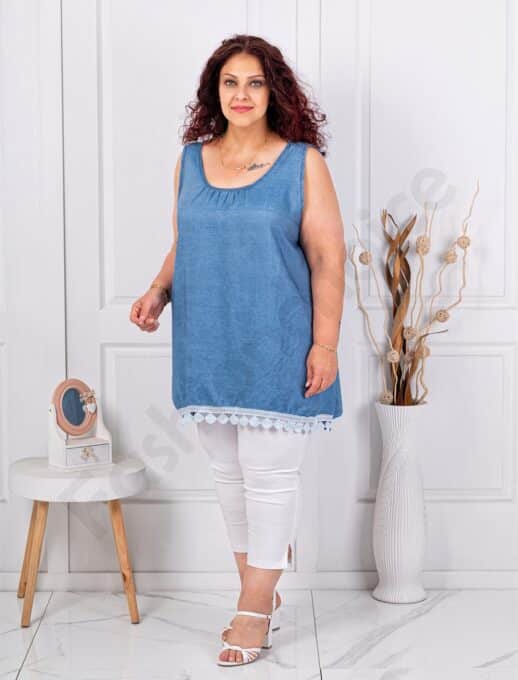 Top maxi pentru vara din denim cu dantela brussel-albastru inchis cod 661926
