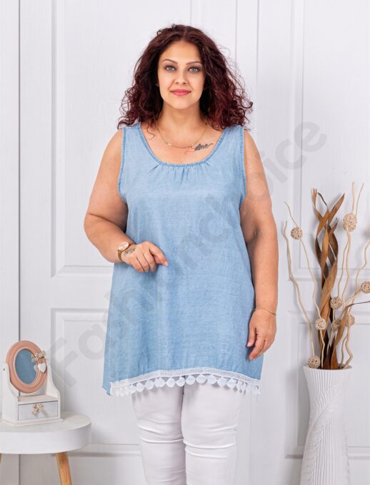 Top maxi pentru vara din denim cu dantela brussel-albastru deschis cod 661926-1
